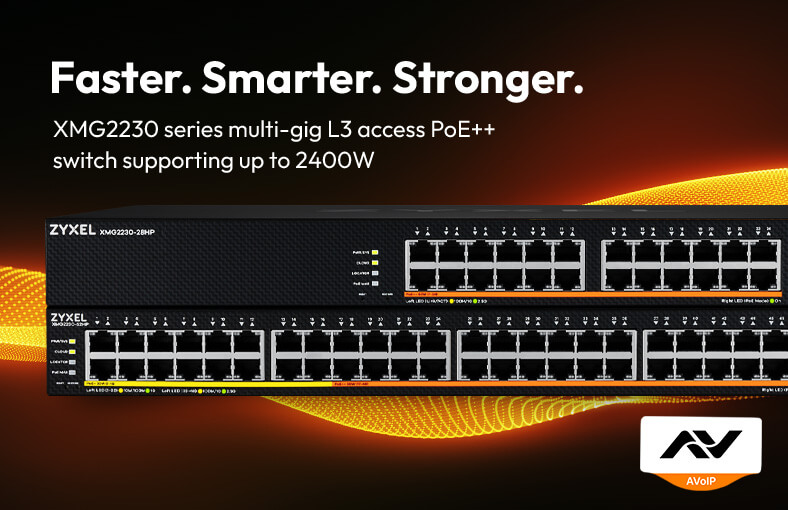 Zyxel switch displayed with faster, smarter, stronger, emphasizing its high-power PoE capabilities for resilient SMB network design.