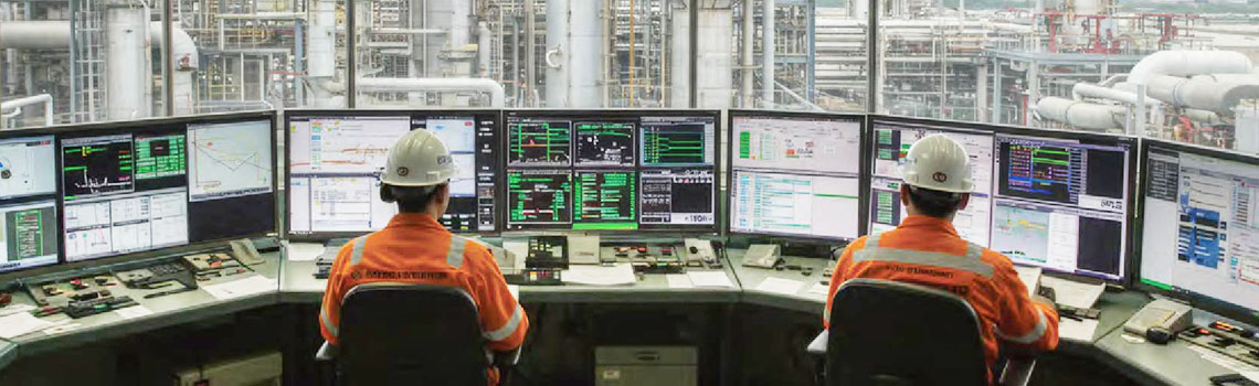 Two operators in a control room monitor industrial plant data on a massive video wall and multiple desktop display screens.

